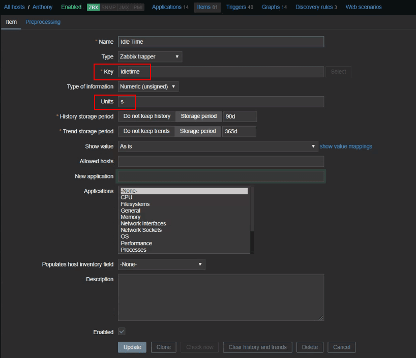 Zabbix item configuration for idle time monitoring