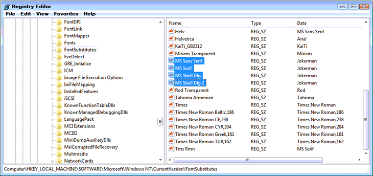 Modified Fonts in registry