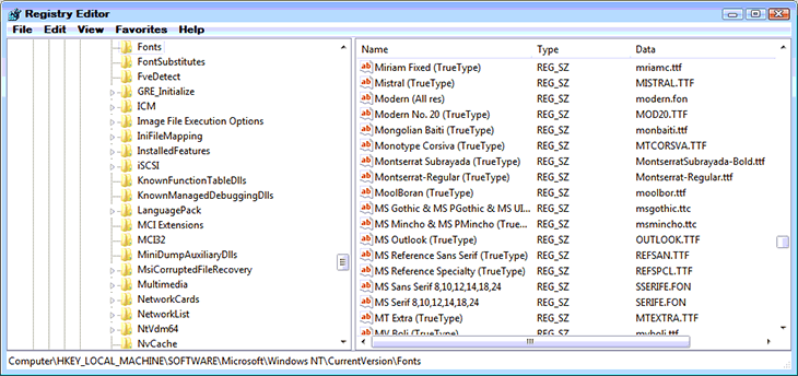 MS Serif, MS Sans Serif Registry Locations